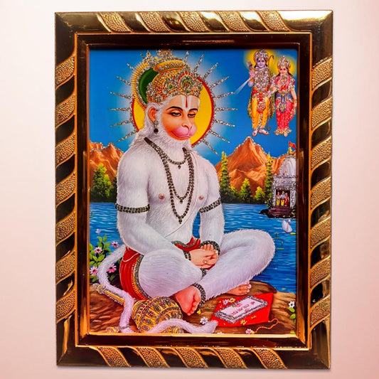 Lord Hanuman Ji Jari-Coated Photo Frame | Blessed from Sankat Mochan Temple Varanasi | Ideal Spiritual Gift for Home (16 x 21) Cm