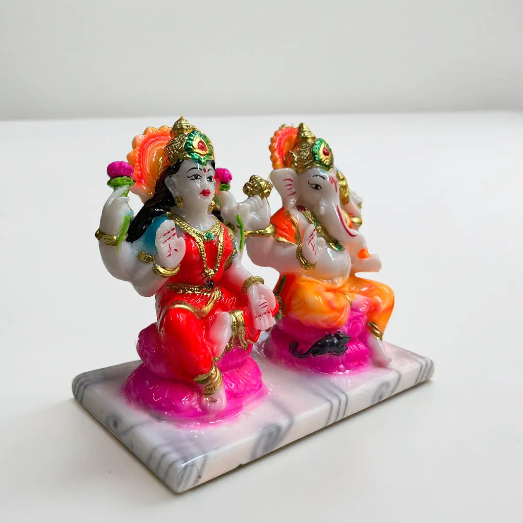 Lakshmi Ganesh Marble Murti | Religious Idol for Home Temple, Diwali, Dhanteras & Festive Pooja | Hand-Painted | Multicolour (16H x 14L x 4W cm)