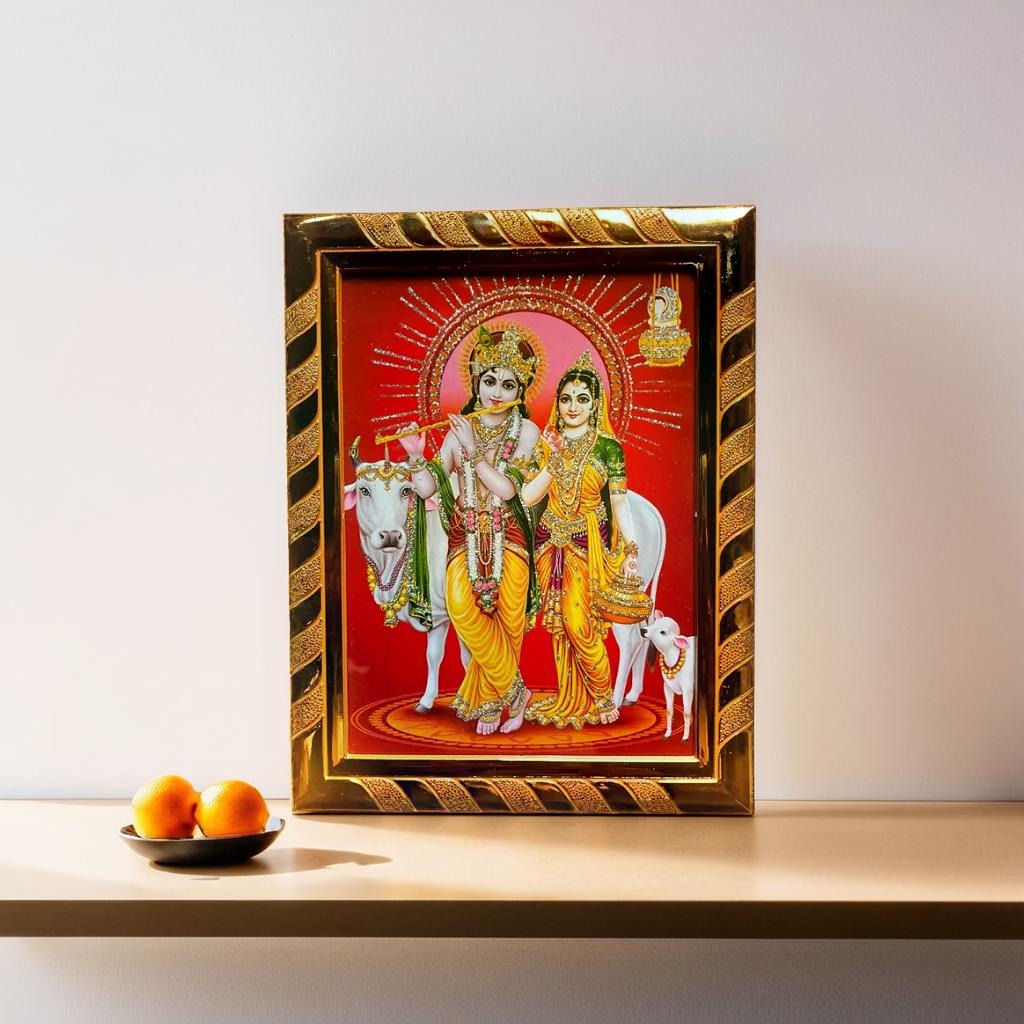 Lord Krishna & Radha Jari-Coated Religious Photo Frame | Symbol of Love & Harmony | Divine Wall Decor for Puja Room & Home (16 x 21) Cm