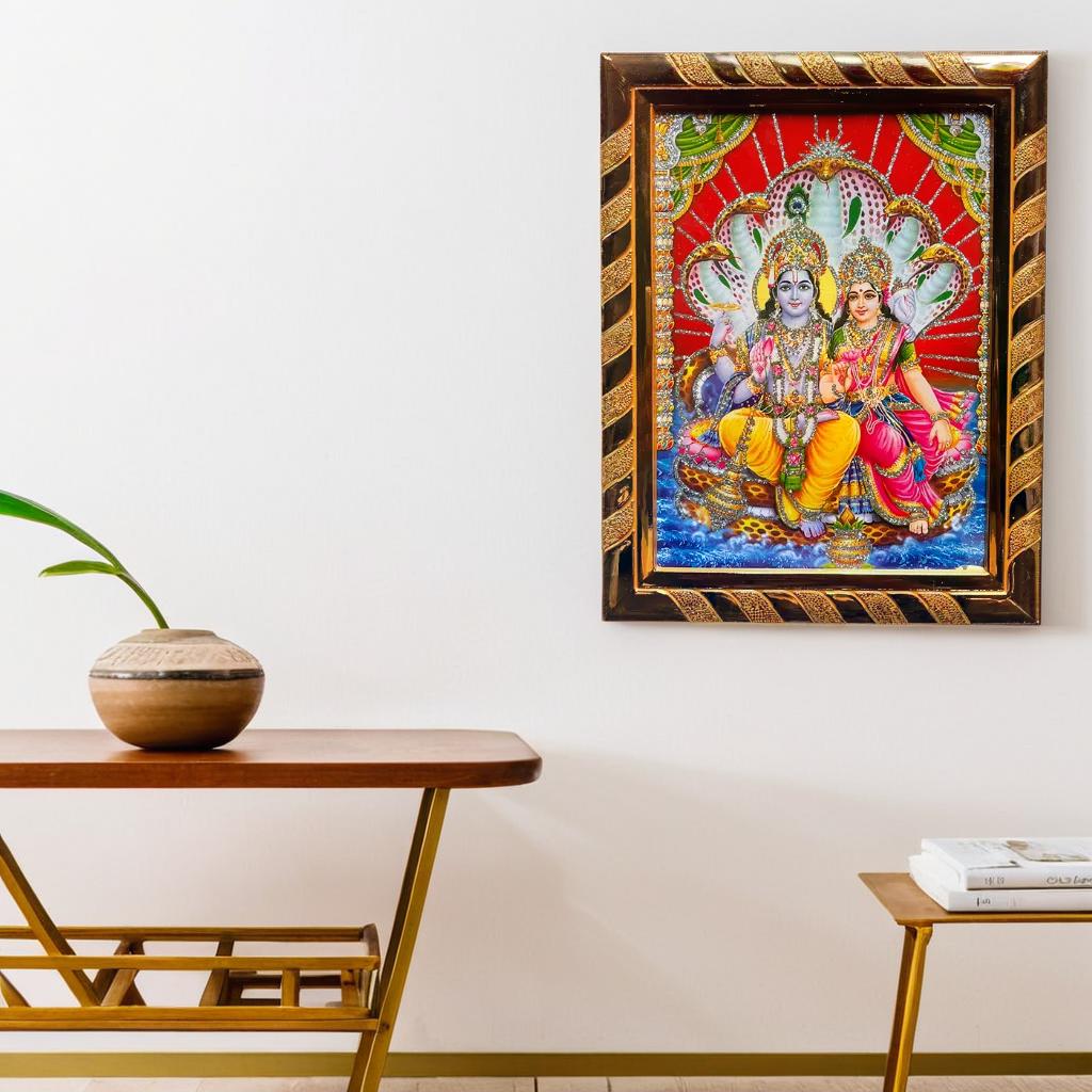 Lord Vishnu and Lakshmi on Sheshnag | Jari-Coated Photo Frame, Religious Wall Decor, Wealth & Prosperity for Puja (16 x 21) Cm