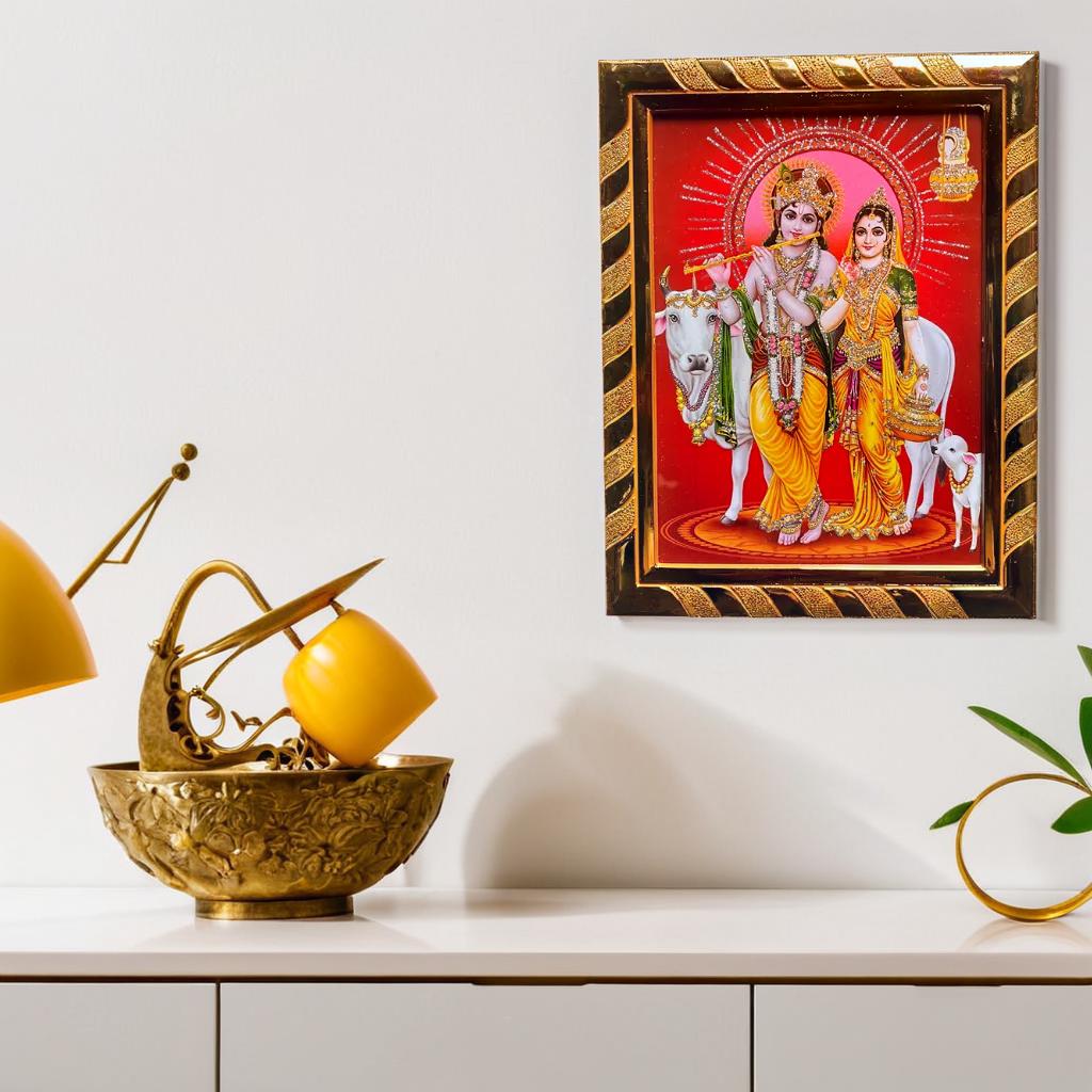 Lord Krishna & Radha Jari-Coated Religious Photo Frame | Symbol of Love & Harmony | Divine Wall Decor for Puja Room & Home (16 x 21) Cm