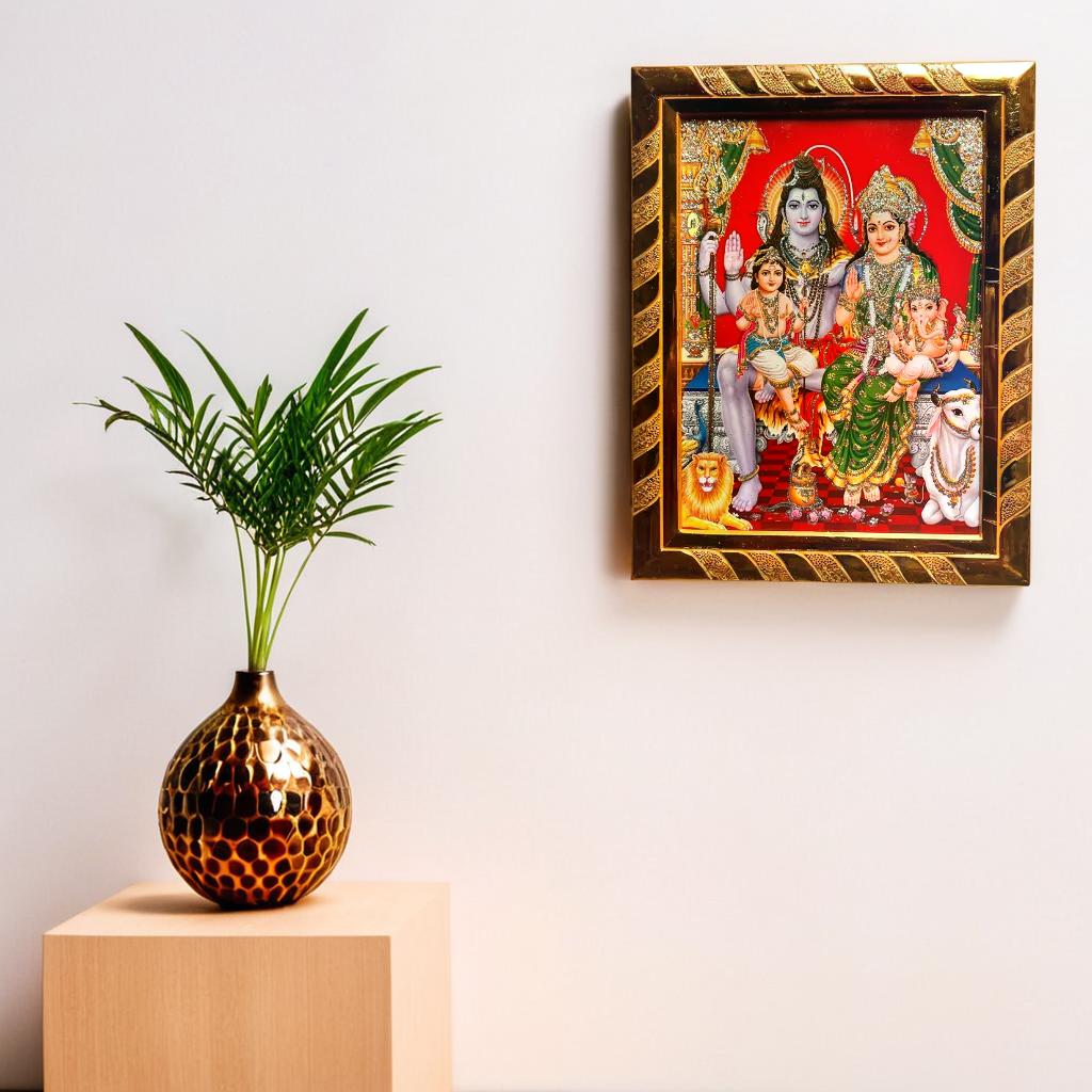 Shiv Parivar Photo Frame | Jari-Coated Acrylic Laminated | Divine Family Portrait, Religious Wall Decor, Wall Art for Home & Office | Ideal Spiritual Gift | Golden (16 x 21) Cm
