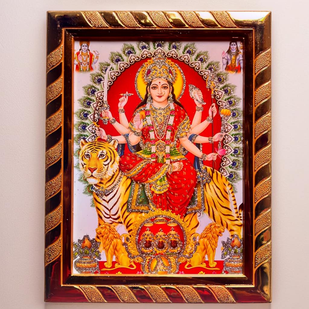 Maa Durga Jari-Coated  Photo Frame | Ideal Spiritual Gift for Home, Religious Wall Decor | Decorative Wall Art for Home Temple | Golden (16 x 21) Cm
