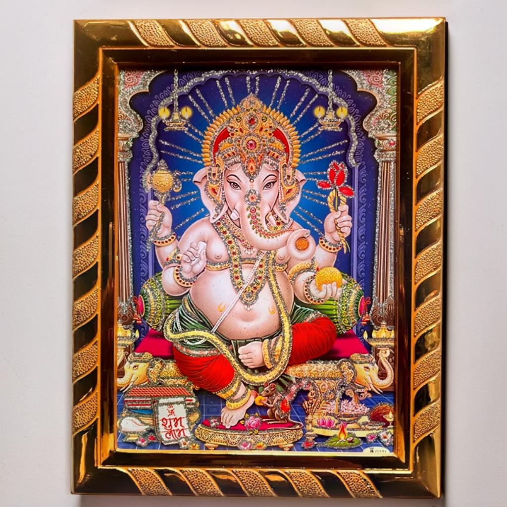 Lord Ganesh Religious Photo Frame | Divine Wall Art for Home and Office | Ideal Spiritual Gift | Decorative Hindu God Picture | Jari-Coated Acrylic Laminated Golden (16 x 21) Cm