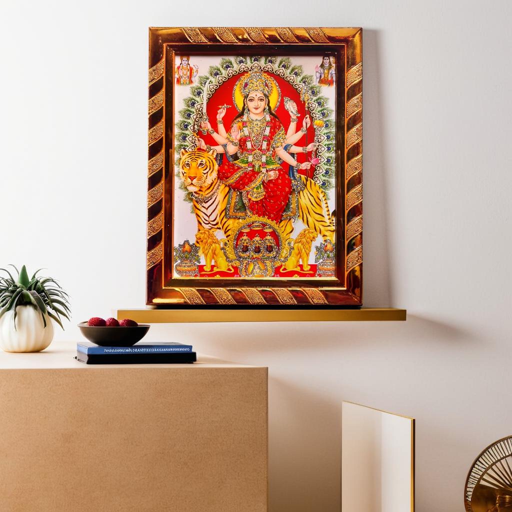 Maa Durga Jari-Coated  Photo Frame | Ideal Spiritual Gift for Home, Religious Wall Decor | Decorative Wall Art for Home Temple | Golden (16 x 21) Cm