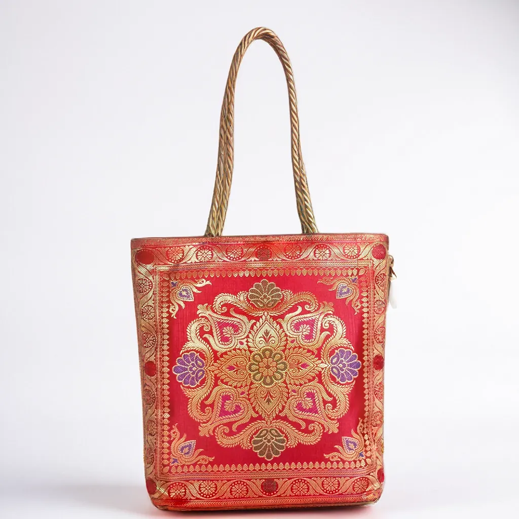 Red Tote Bag | Banarasi Silk Embroidered | Tote Bag for Women | Perfect for Festivals, Office, Shopping, Travel & Grocery | Zipper Closure & Pockets 30x8x30 CM
