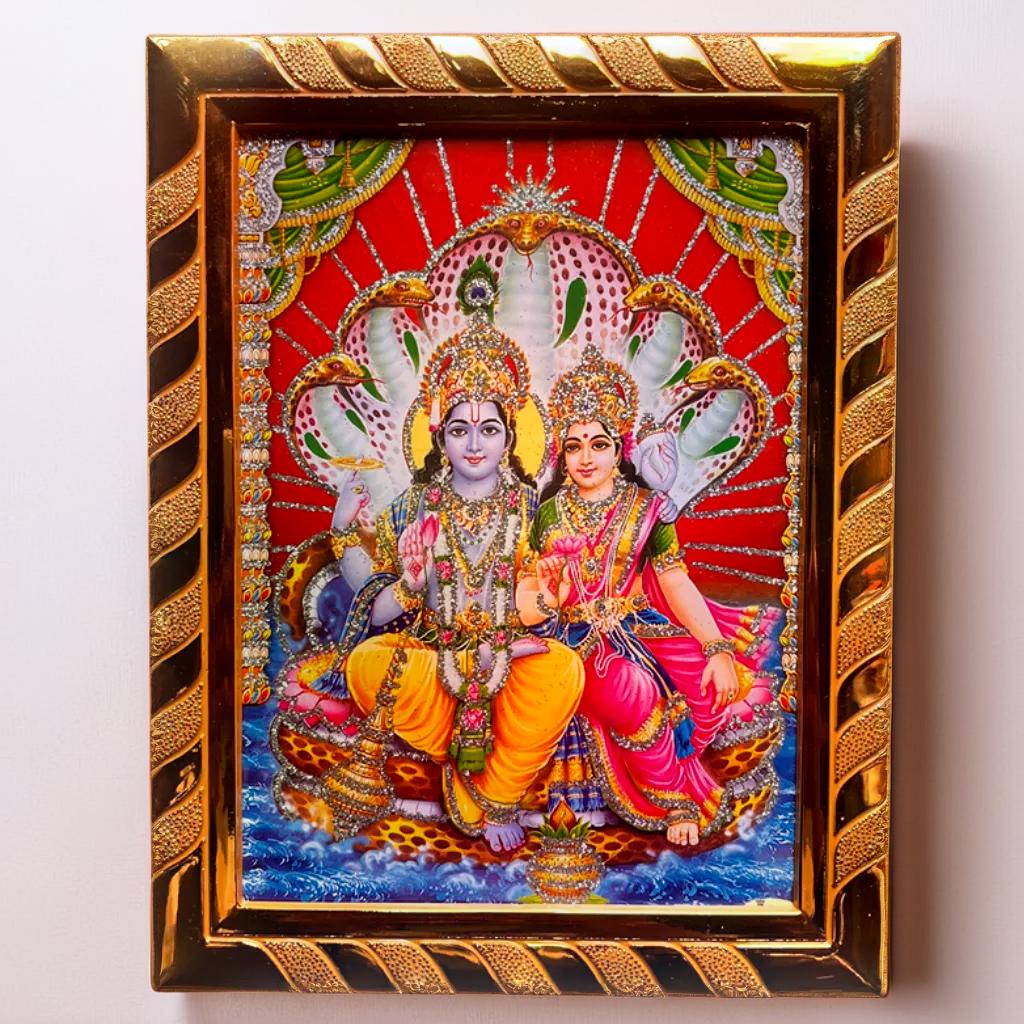Lord Vishnu and Lakshmi on Sheshnag | Jari-Coated Photo Frame, Religious Wall Decor, Wealth & Prosperity for Puja (16 x 21) Cm