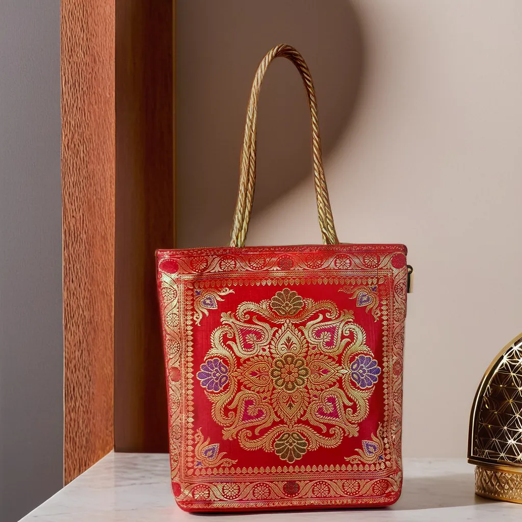 Red Tote Bag | Banarasi Silk Embroidered | Tote Bag for Women | Perfect for Festivals, Office, Shopping, Travel & Grocery | Zipper Closure & Pockets 30x8x30 CM