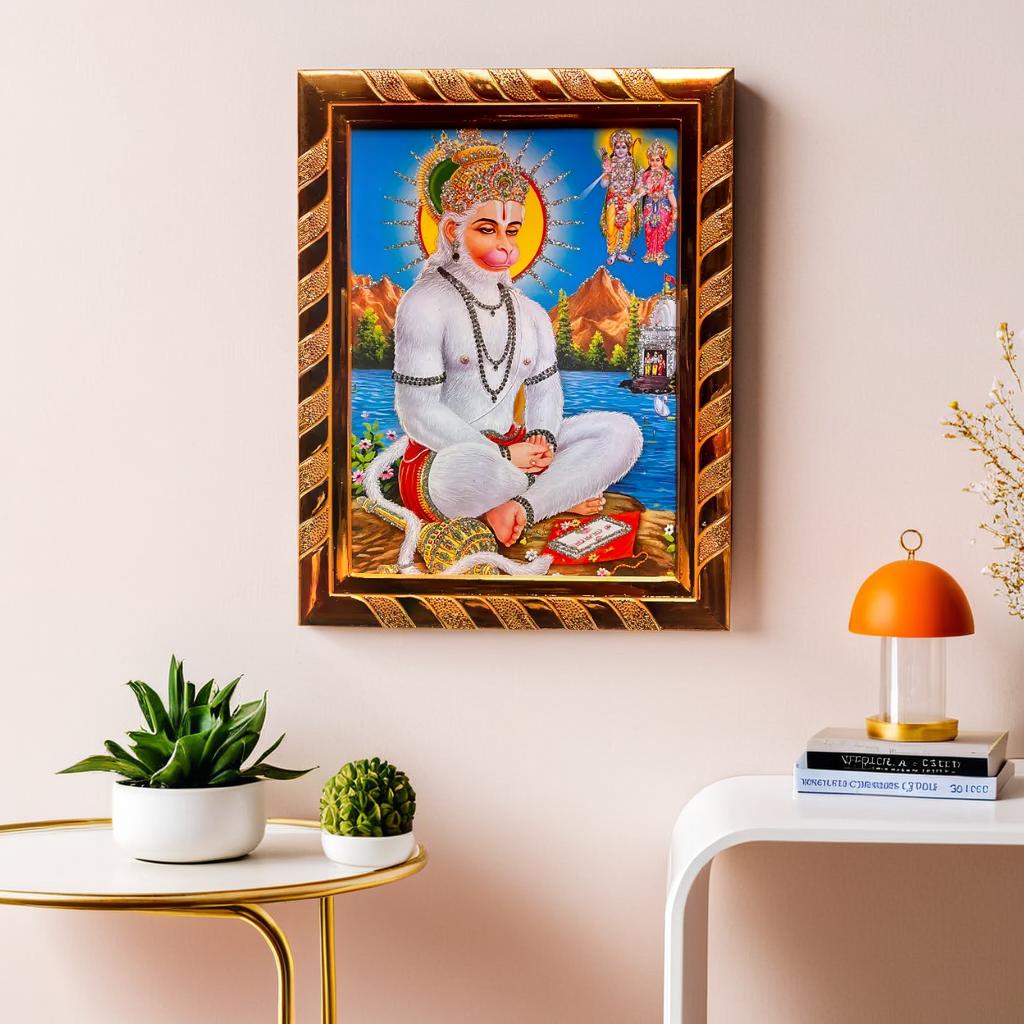 Lord Hanuman Ji Jari-Coated Photo Frame | Blessed from Sankat Mochan Temple Varanasi | Ideal Spiritual Gift for Home (16 x 21) Cm