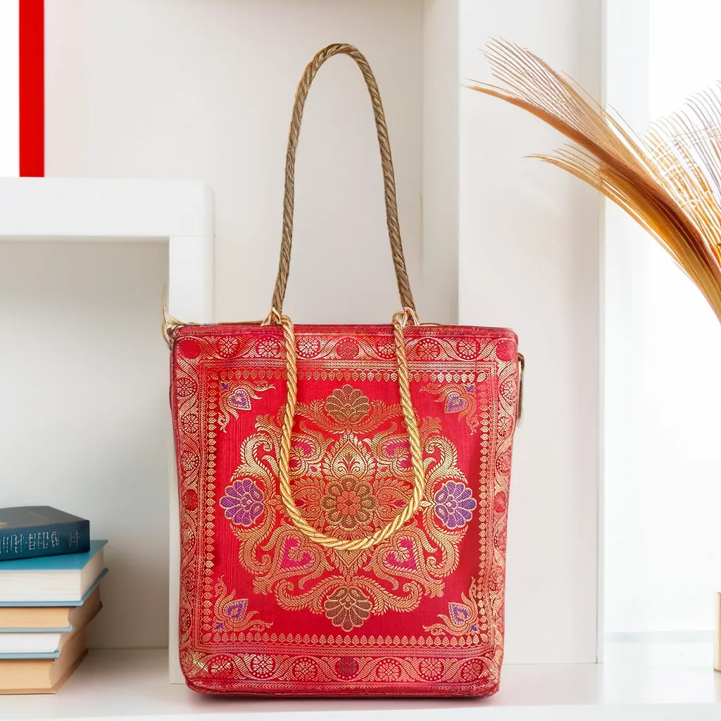 Red Tote Bag | Banarasi Silk Embroidered | Tote Bag for Women | Perfect for Festivals, Office, Shopping, Travel & Grocery | Zipper Closure & Pockets 30x8x30 CM