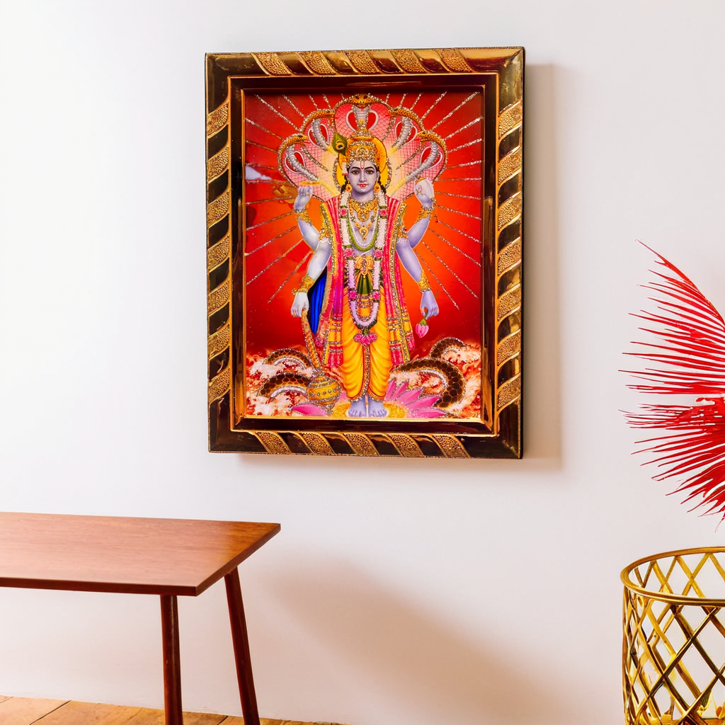 Lord Vishnu Religious Photo Frame | Acrylic Laminated | Wall Art for Puja Room, Home Decor & Office | Ideal Spiritual Gift | Golden Jari-Coated (16 x 21) Cm