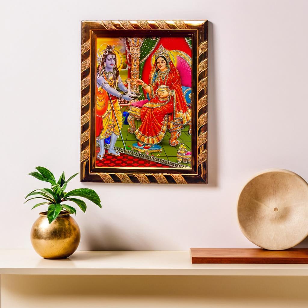 Maa Annapurna & Lord Shiva Jari-Coated Laminated Acrylic Photo Frame, Blessed from Kashi Annapurna Temples, Ideal Spiritual Gift (16 x 21 CM)