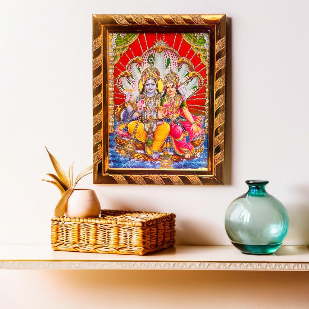 Lord Vishnu and Lakshmi on Sheshnag | Jari-Coated Photo Frame, Religious Wall Decor, Wealth & Prosperity for Puja (16 x 21) Cm