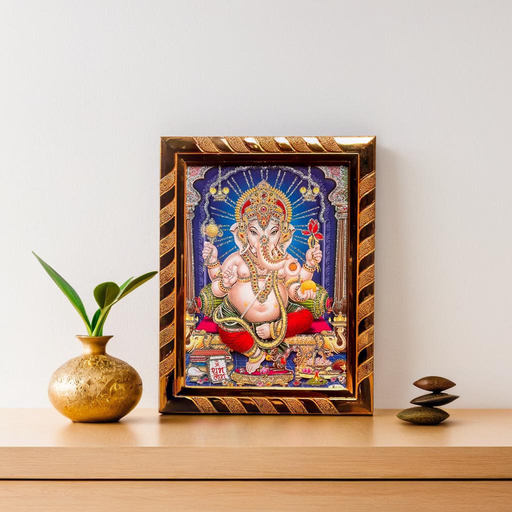 Lord Ganesh Religious Photo Frame | Divine Wall Art for Home and Office | Ideal Spiritual Gift | Decorative Hindu God Picture | Jari-Coated Acrylic Laminated Golden (16 x 21) Cm