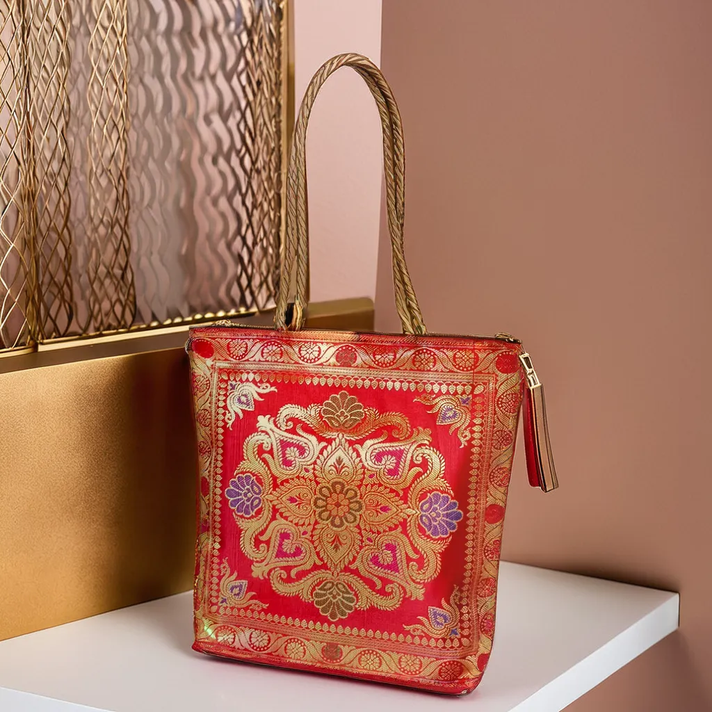 Red Tote Bag | Banarasi Silk Embroidered | Tote Bag for Women | Perfect for Festivals, Office, Shopping, Travel & Grocery | Zipper Closure & Pockets 30x8x30 CM