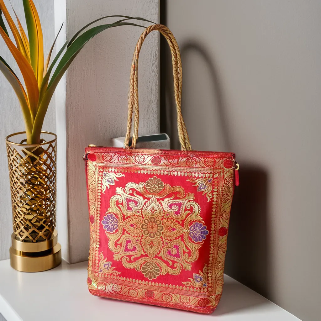Red Tote Bag for Women | Banarasi Silk Embroidered | Perfect for Festivals, Office, Shopping, Travel & Grocery | Zipper Closure & Pockets 30x8x30 CM