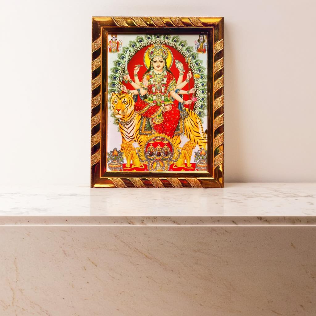 Maa Durga Jari-Coated  Photo Frame | Ideal Spiritual Gift for Home, Religious Wall Decor | Decorative Wall Art for Home Temple | Golden (16 x 21) Cm