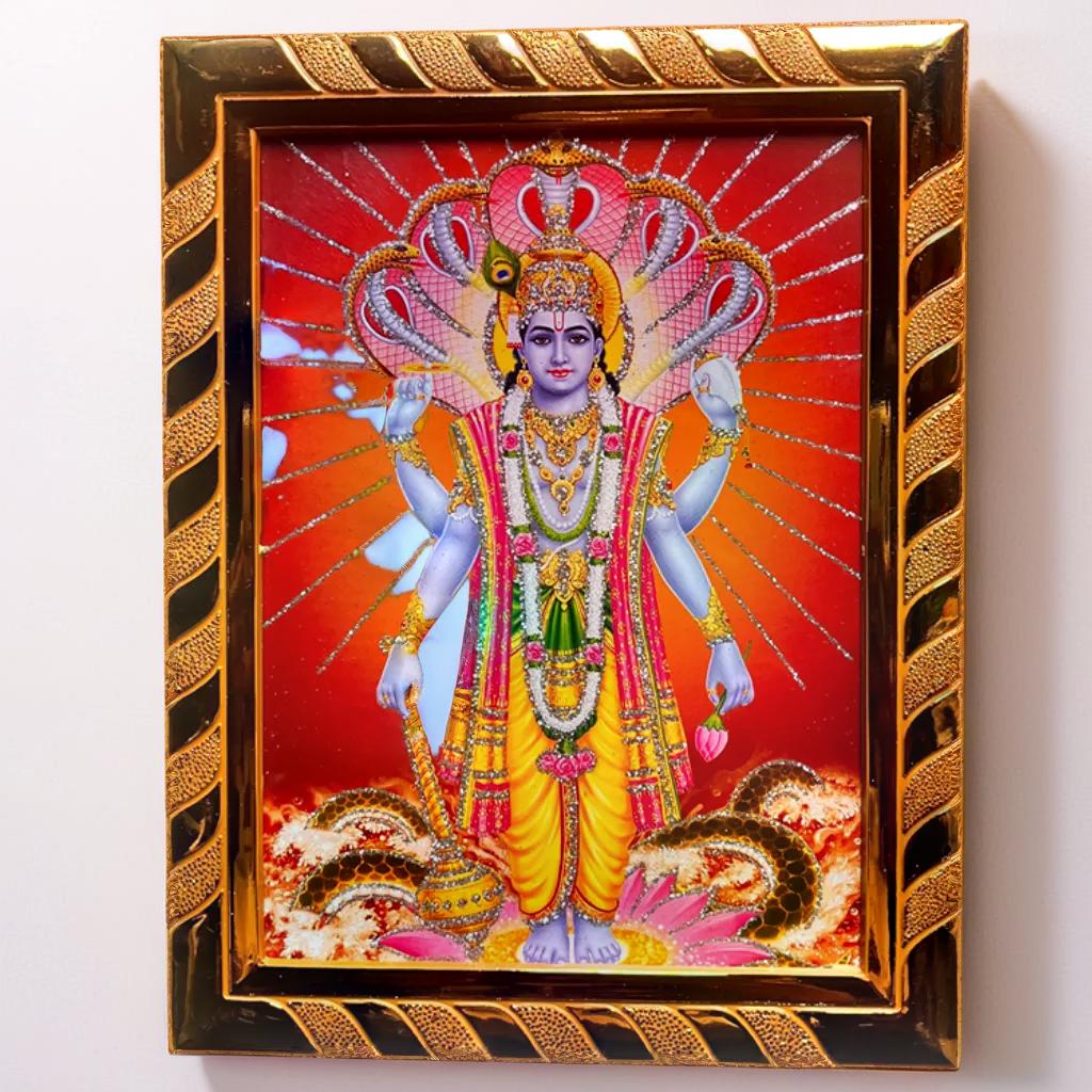 Lord Vishnu Religious Photo Frame | Acrylic Laminated | Wall Art for Puja Room, Home Decor & Office | Ideal Spiritual Gift | Golden Jari-Coated (16 x 21) Cm