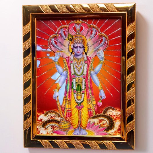 Lord Vishnu Religious Photo Frame | Acrylic Laminated | Wall Art for Puja Room, Home Decor & Office | Ideal Spiritual Gift | Golden Jari-Coated (16 x 21) Cm