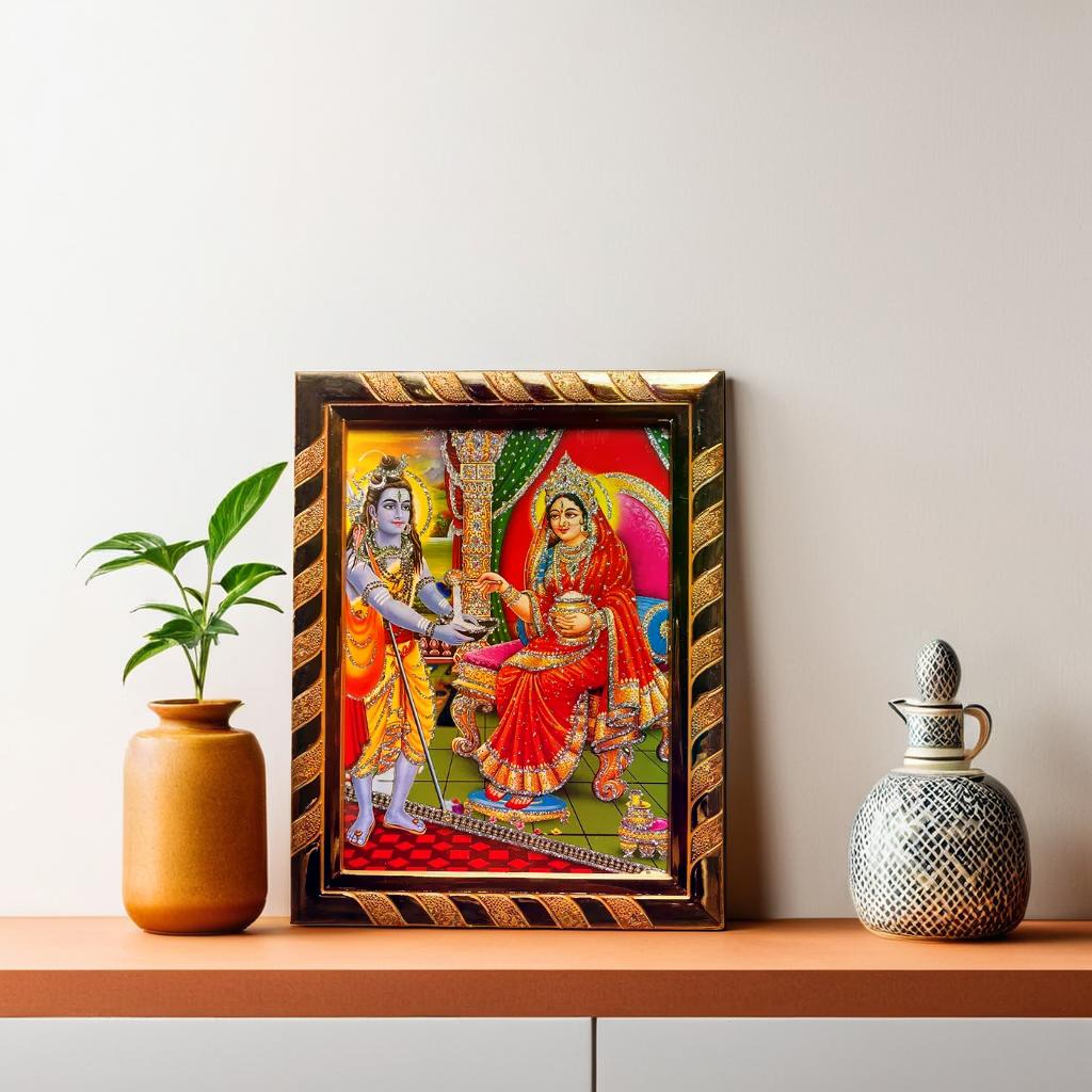 Maa Annapurna & Lord Shiva Jari-Coated Laminated Acrylic Photo Frame, Blessed from Kashi Annapurna Temples, Ideal Spiritual Gift (16 x 21 CM)