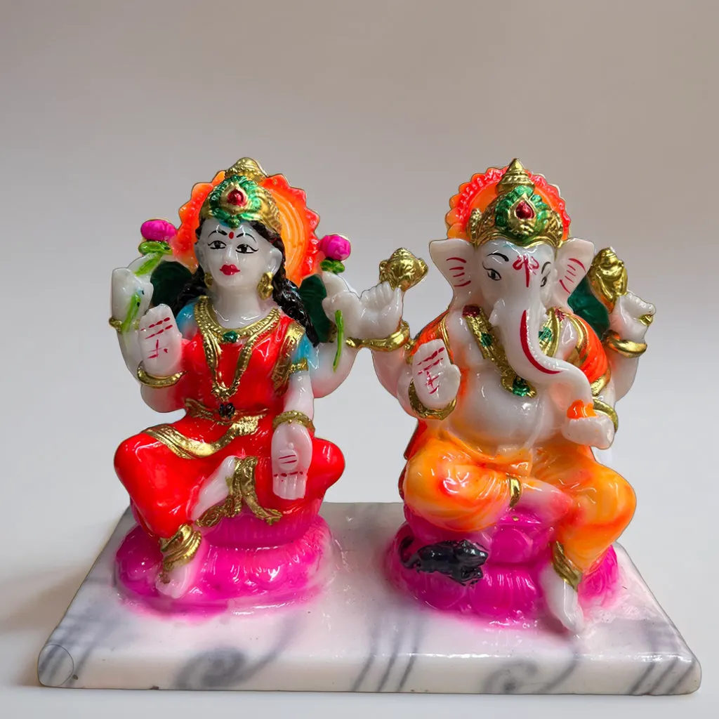 Lakshmi Ganesh Marble Murti | Religious Idol for Home Temple, Diwali, Dhanteras & Festive Pooja | Hand-Painted | Multicolour (16H x 14L x 4W cm)