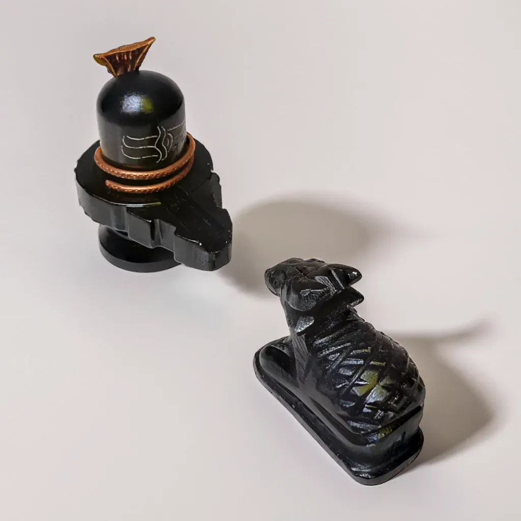 Shivling with Nandi & Brass Vasuki Idol | Black Stone Handcrafted 9 cm, Shivling with Kashi Gangajal | Blessed by Baba Kashi Vishwanath, for Worship Mahashivratri, Sawan & Daily Pooja