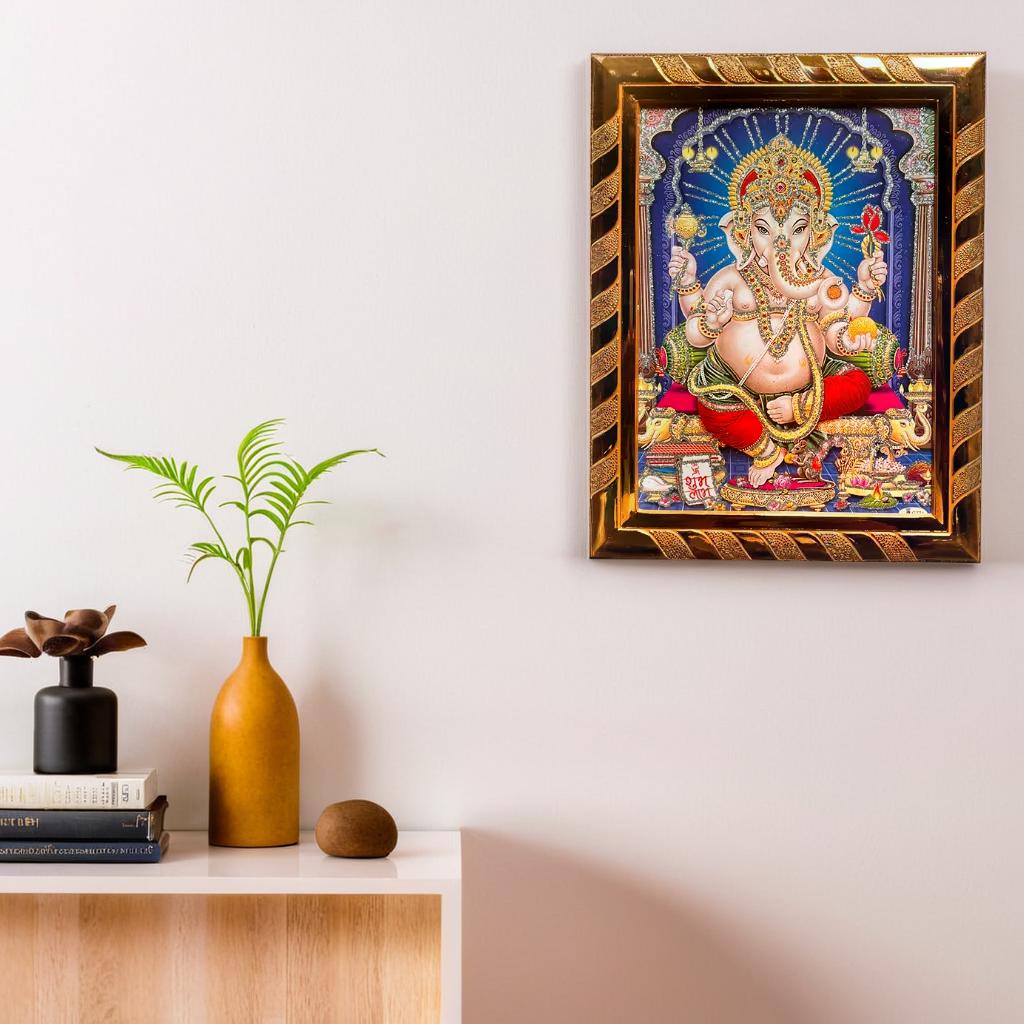 Lord Ganesh Religious Photo Frame | Divine Wall Art for Home and Office | Ideal Spiritual Gift | Decorative Hindu God Picture | Jari-Coated Acrylic Laminated Golden (16 x 21) Cm