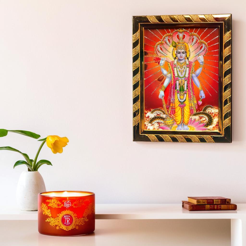 Lord Vishnu Religious Photo Frame | Acrylic Laminated | Wall Art for Puja Room, Home Decor & Office | Ideal Spiritual Gift | Golden Jari-Coated (16 x 21) Cm