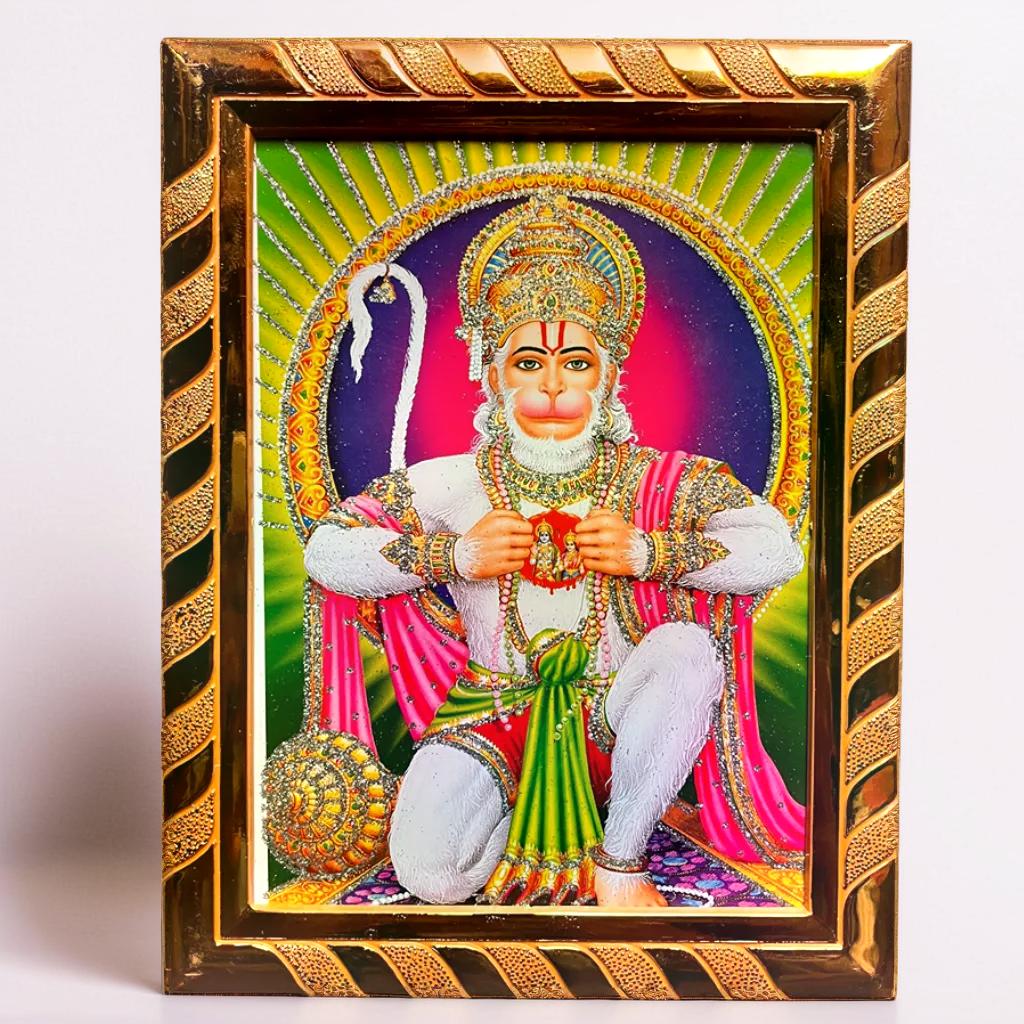 Lord Hanuman Showing Ram-Sita in Heart Divine Jari-Coated Photo Frame, Ideal Spiritual Gift for Home, Religious Wall Decor (16 x 21) Cm