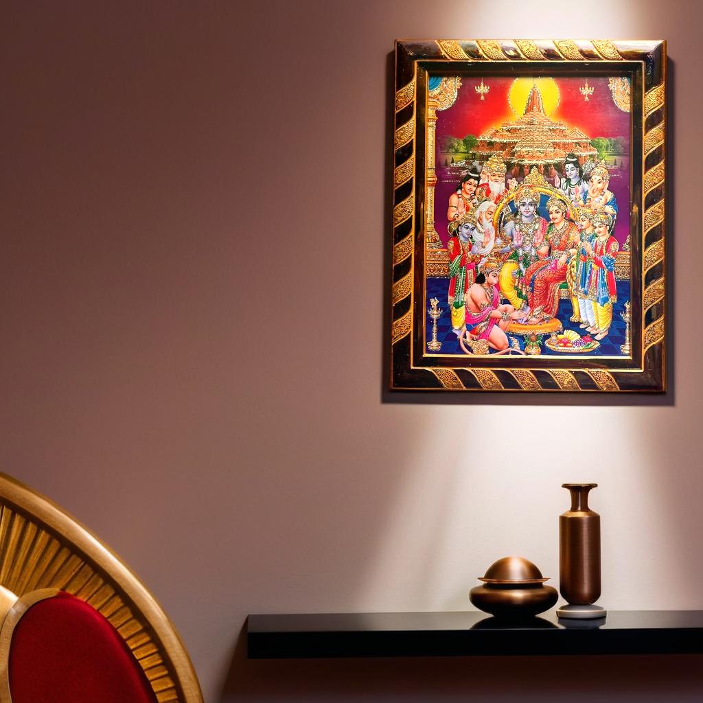 Divine Ram Parivar Religious Photo Frame | Jari-Coated Acrylic Laminated | Religious Wall Art for Puja Room, Home & Office | Ideal Spiritual Gift | Golden (16 x 21) Cm