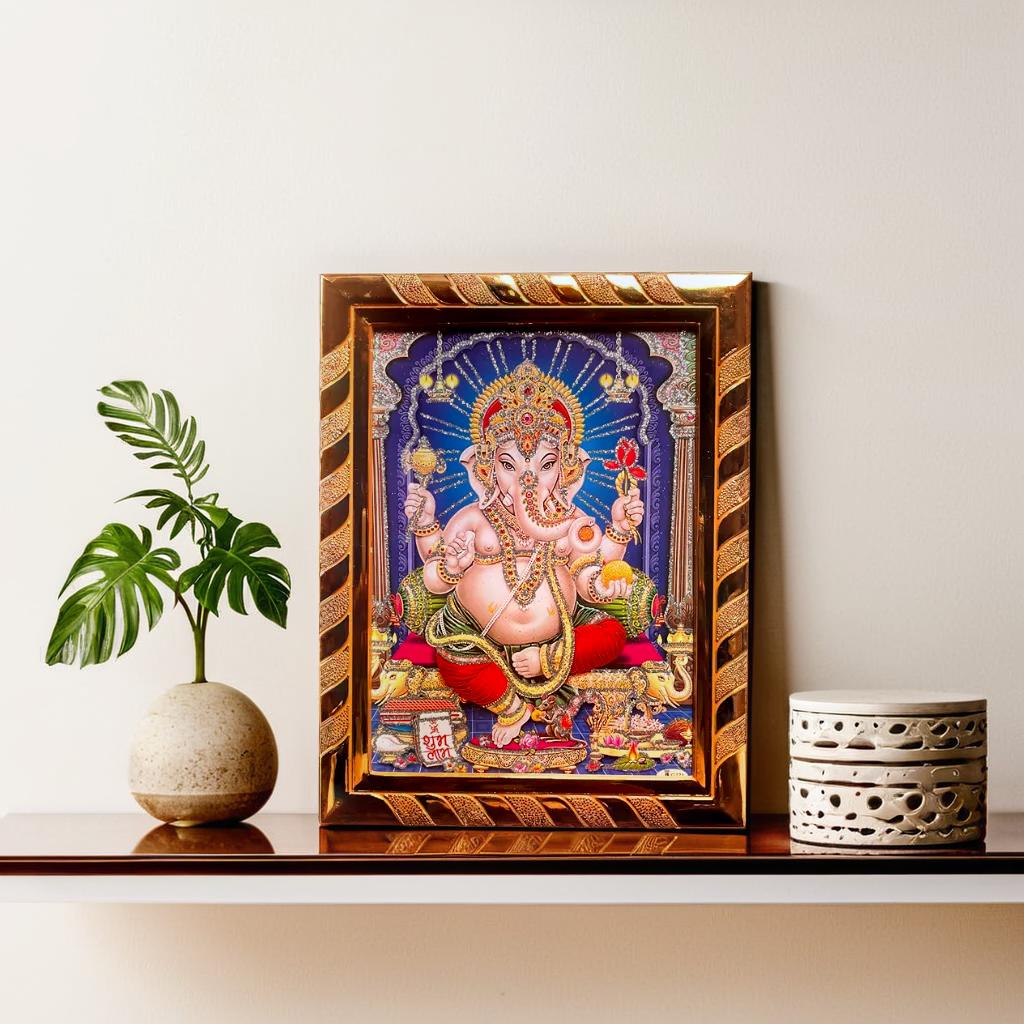 Lord Ganesh Religious Photo Frame | Divine Wall Art for Home and Office | Ideal Spiritual Gift | Decorative Hindu God Picture | Jari-Coated Acrylic Laminated Golden (16 x 21) Cm