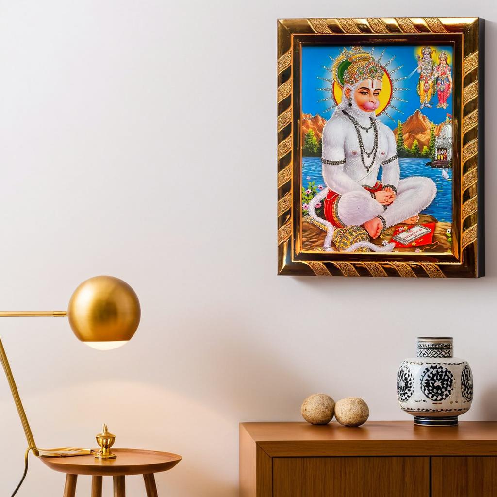 Lord Hanuman Ji Jari-Coated Photo Frame | Blessed from Sankat Mochan Temple Varanasi | Ideal Spiritual Gift for Home (16 x 21) Cm